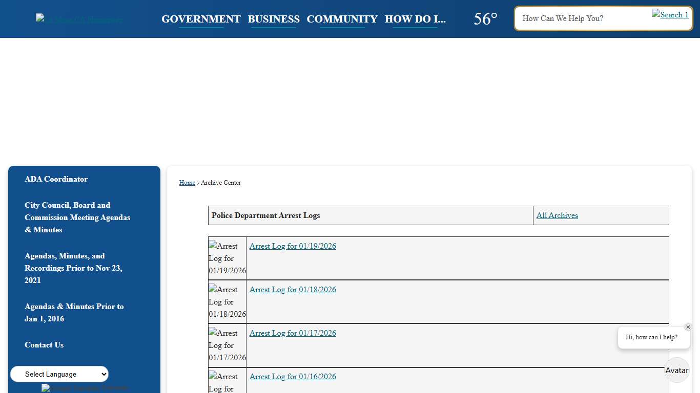 Archive Center • Police Department Arrest Logs