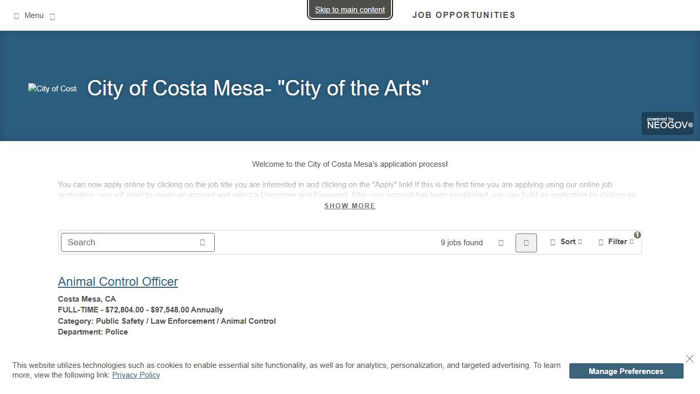 Job Opportunities | Departments: Police | Sorted by Job Title ascending | City of Costa Mesa- "City of the Arts"