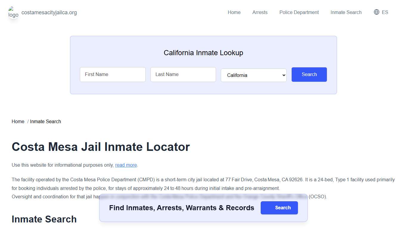 Costa Mesa, CA Municipal Jail Inmate Search